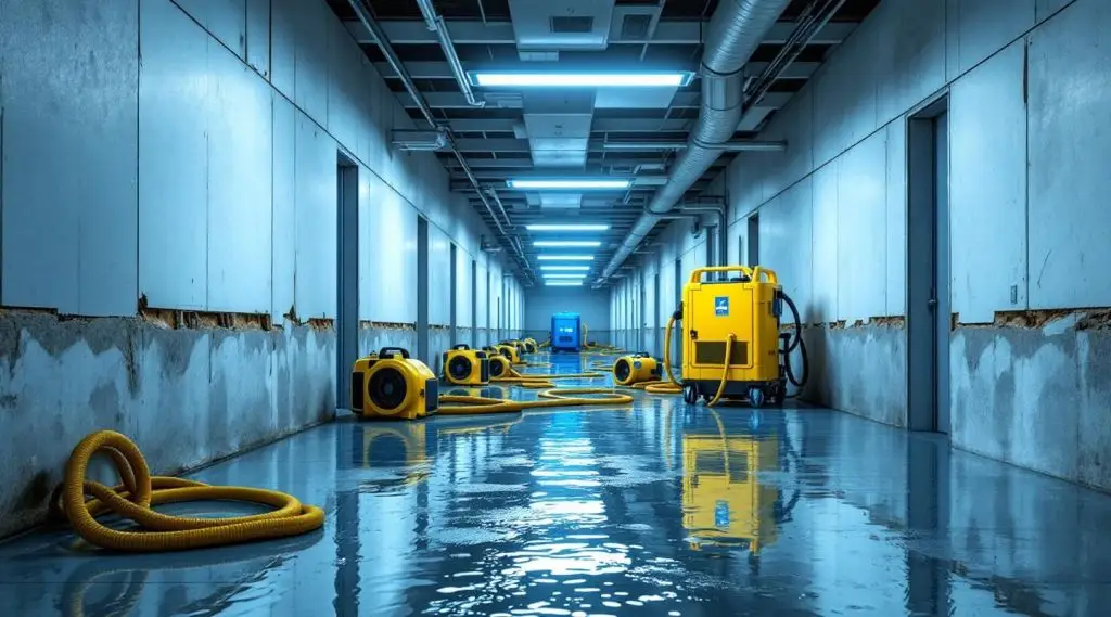 Restoration crew deploying industrial dehumidifiers and moisture meters in a large Salt Lake City commercial building.