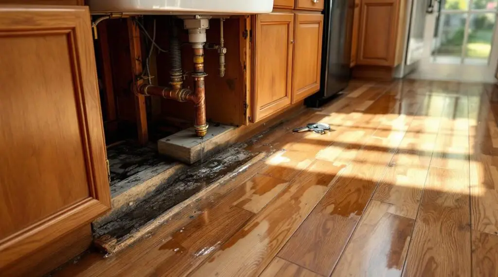A professional restoration technician using a moisture meter under a kitchen sink in a Salt Lake City home to detect leaks.