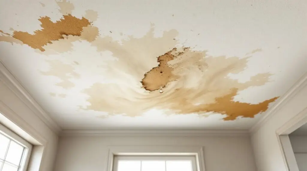 A technician inspecting a water-damaged ceiling with a moisture meter in a Salt Lake City home, identifying sagging drywall.