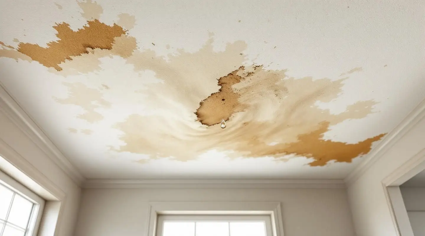 A technician inspecting a water-damaged ceiling with a moisture meter in a Salt Lake City home, identifying sagging drywall.