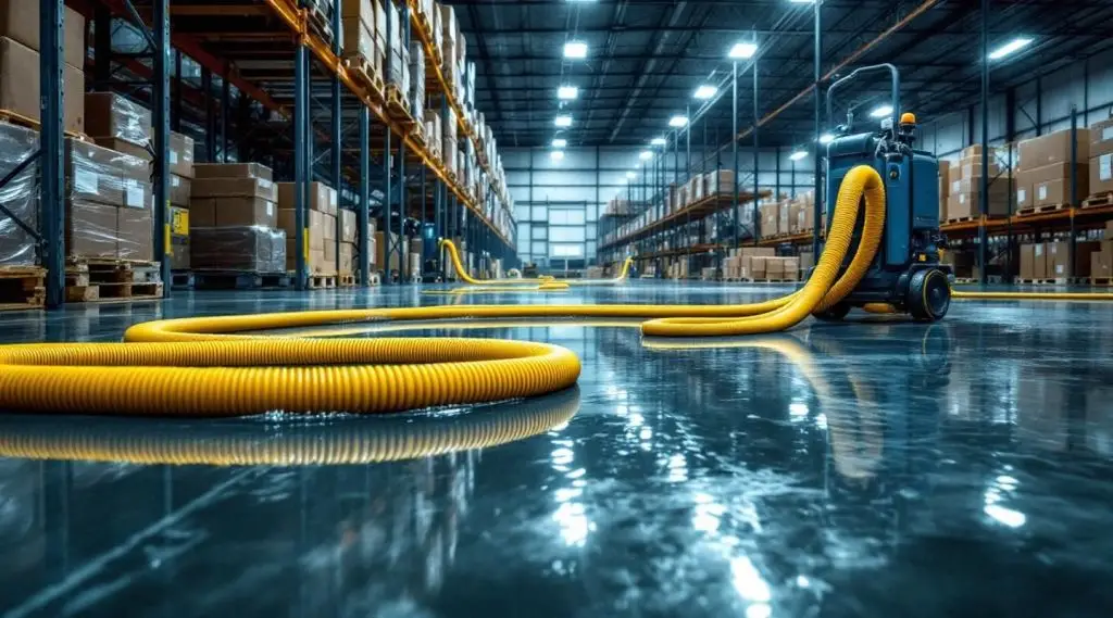 Professional technicians using high-capacity truck-mounted vacuum systems on a flooded warehouse floor in Salt Lake City.