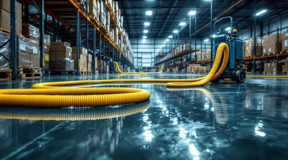 Professional technicians using high-capacity truck-mounted vacuum systems on a flooded warehouse floor in Salt Lake City.
