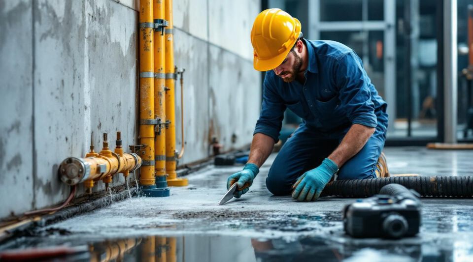 Restoration technicians using industrial water extractors and moisture meters in a Salt Lake City hotel corridor during a flood.