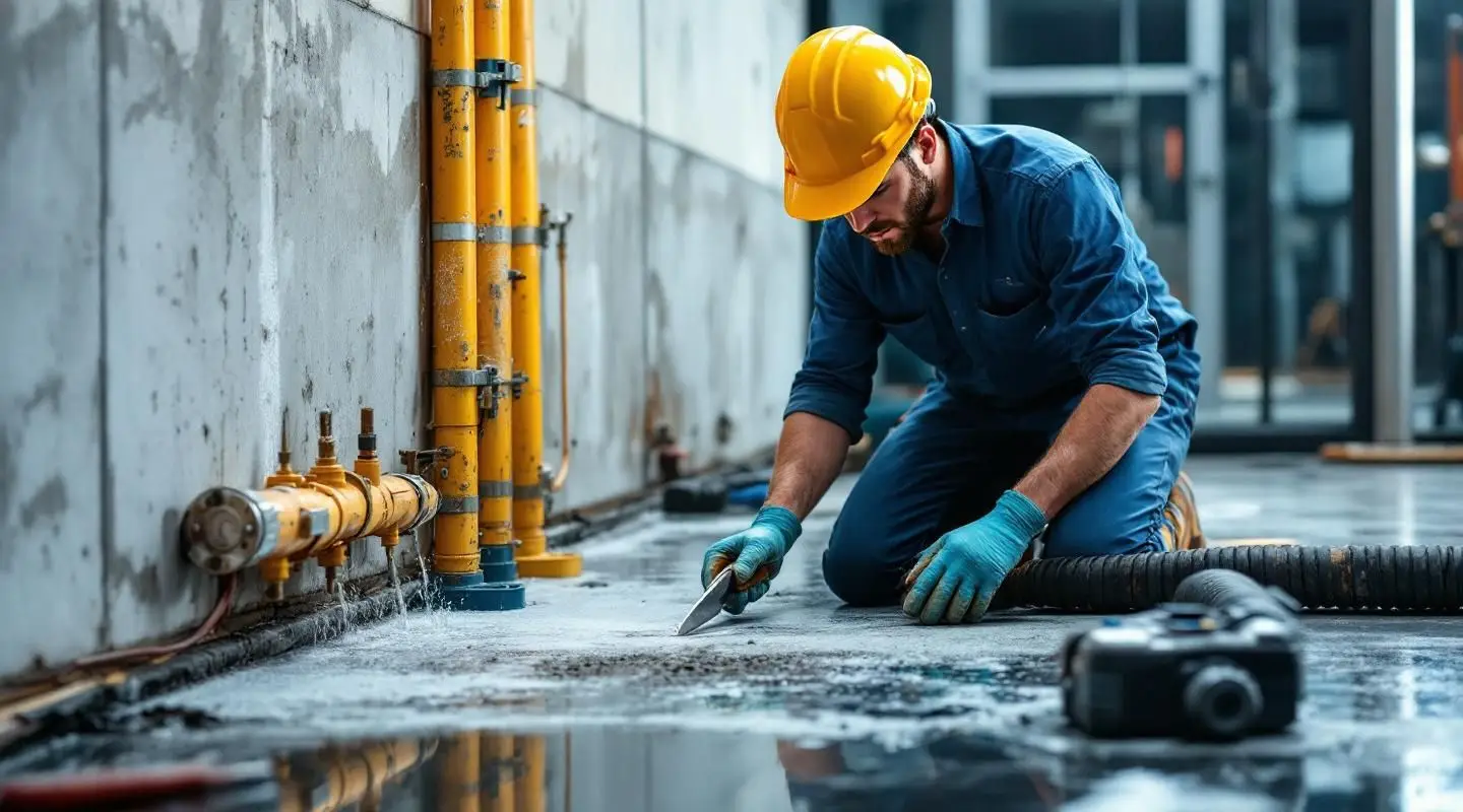 Restoration technicians using industrial water extractors and moisture meters in a Salt Lake City hotel corridor during a flood.