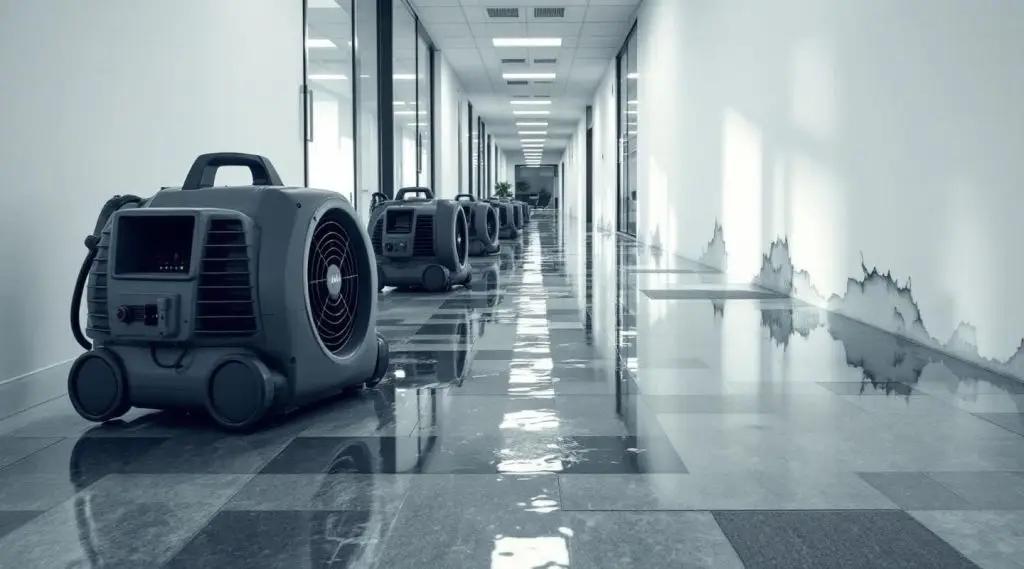 Restoration crew using industrial water extractors and air movers in a flooded Salt Lake City office building.