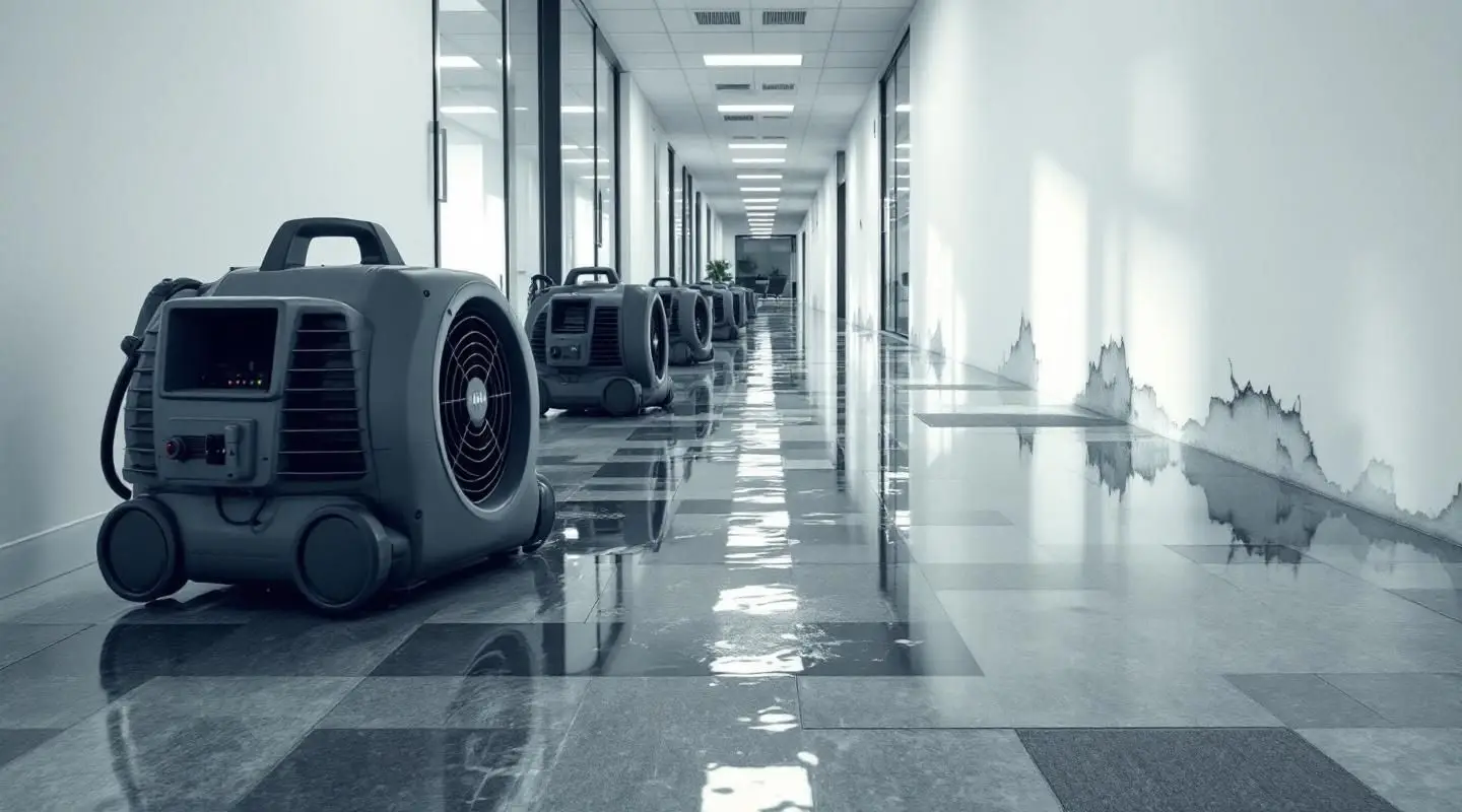 Restoration crew using industrial water extractors and air movers in a flooded Salt Lake City office building.