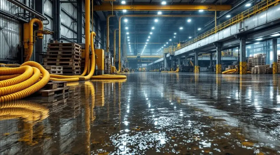 Industrial water extraction units and technicians in safety gear inside a flooded Salt Lake City warehouse facility.