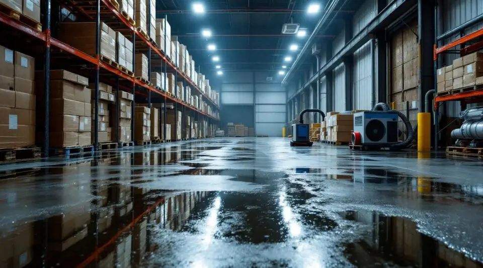 Restoration technicians using industrial water extractors on a large concrete warehouse floor in Salt Lake City.