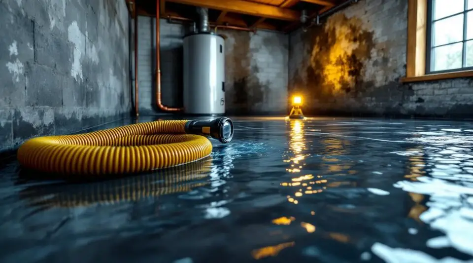 Professional water extraction technician using a heavy-duty submersible pump in a flooded Salt Lake City basement.