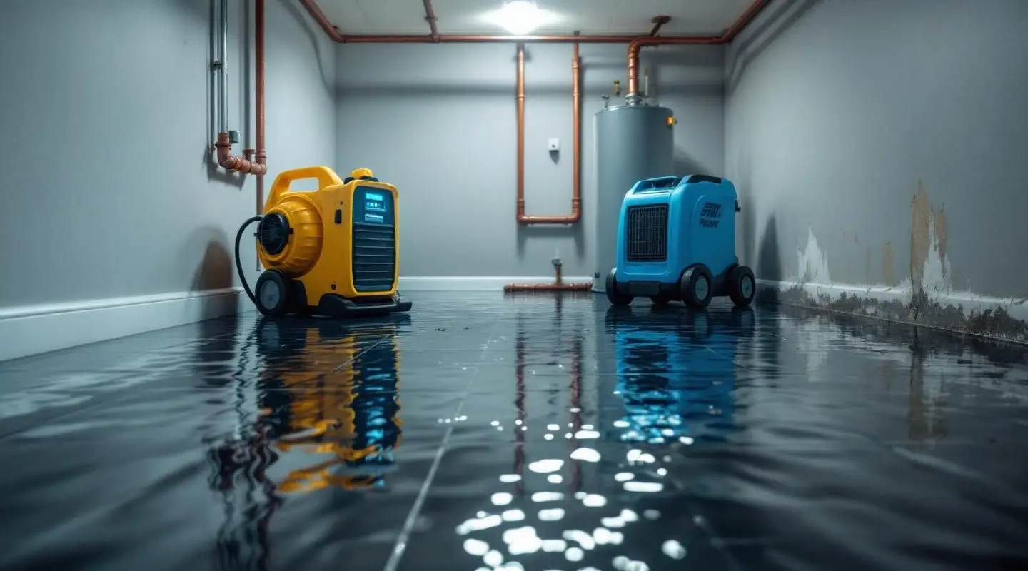 Professional water extraction equipment and air movers drying a flooded hardwood floor in a Salt Lake City home.