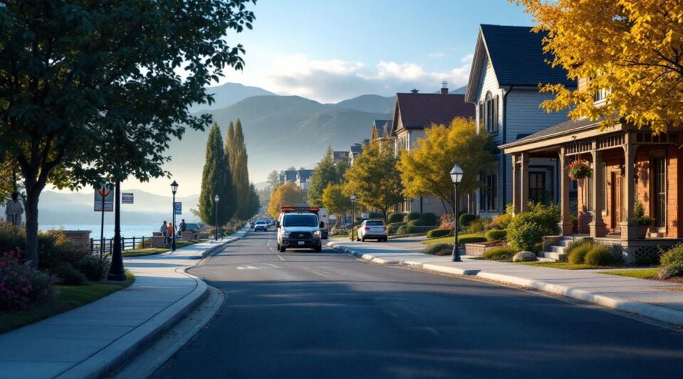 A restoration service vehicle parked in a West Valley City residential neighborhood with ranch-style homes and the Oquirrh Mountains in the background.