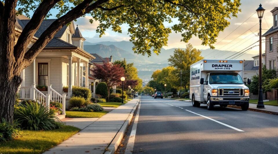 A professional restoration van parked on a residential street in Draper near the Traverse Ridge foothills at dusk.