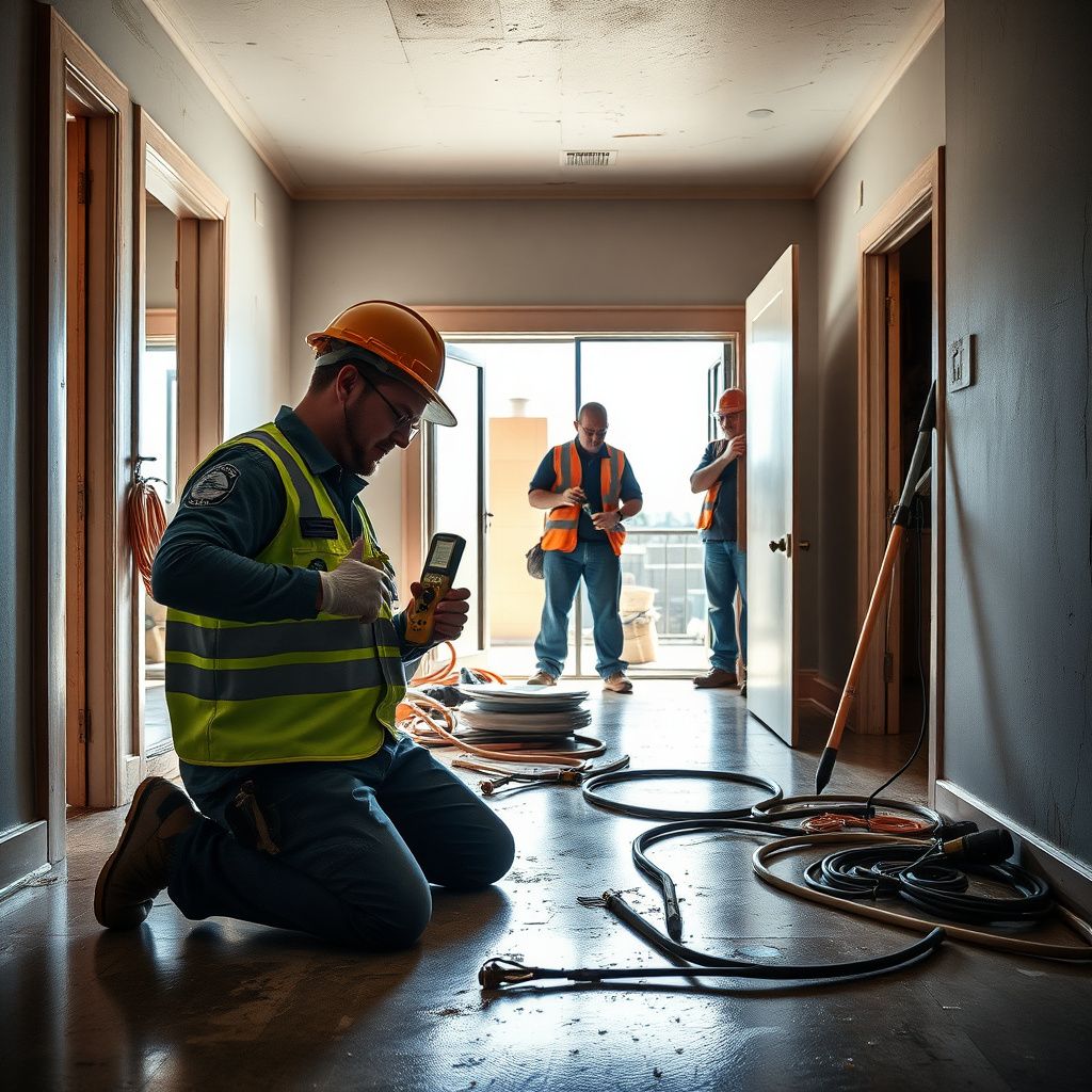 A restoration technician using an infrared camera to detect hidden moisture behind a wall in a Midvale home.