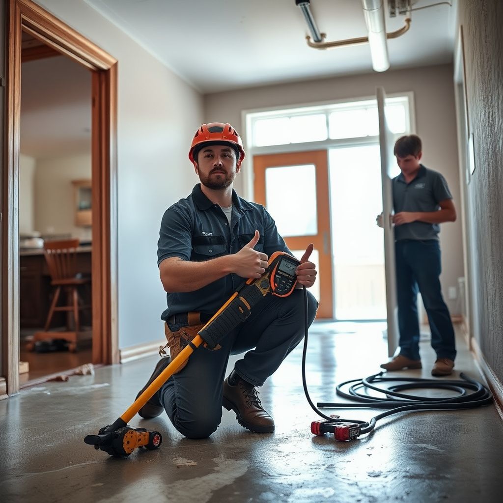 A technician using a moisture meter to check for hidden water damage behind a Kearns home's drywall.