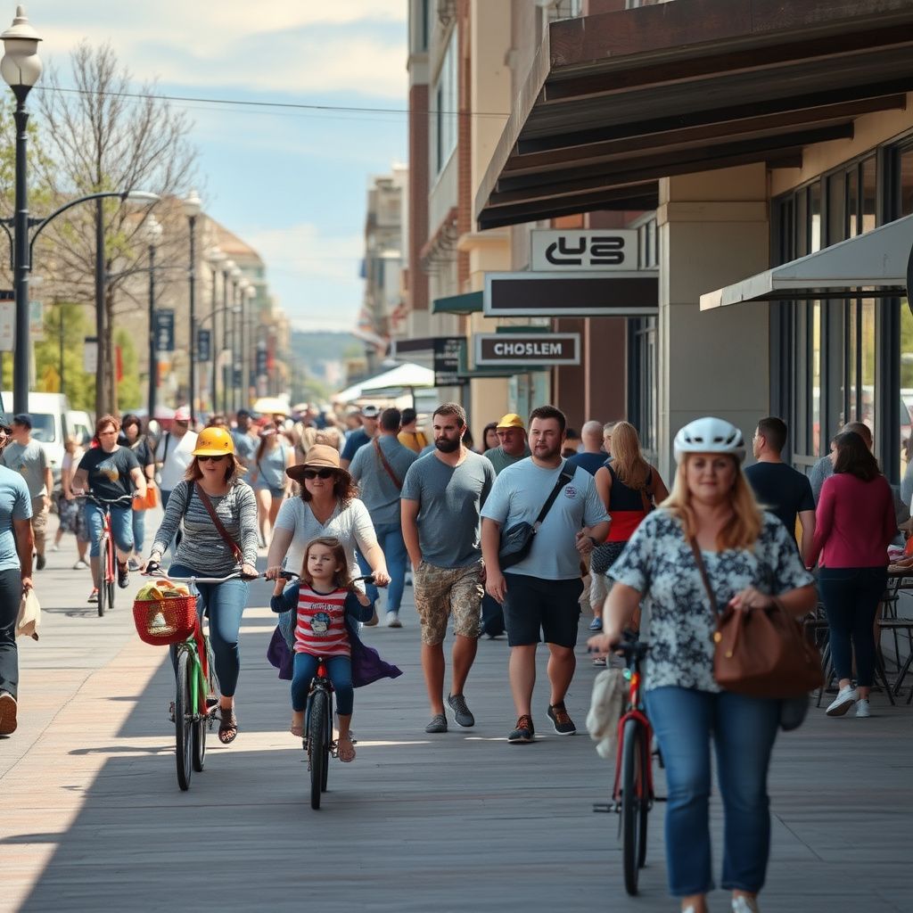A wide shot of the historic Magna Main Street with its classic brick architecture and the Oquirrh Mountains in the distance.