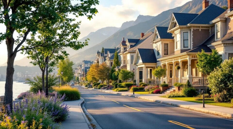A professional restoration van parked on a residential street in the Salt Lake City Avenues district with the Wasatch Mountains in the background.