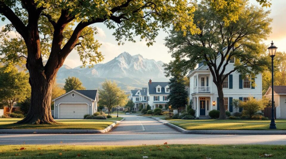 A professional restoration vehicle parked on a sloped residential street in Eaglewood with the Wasatch Range in the distance.