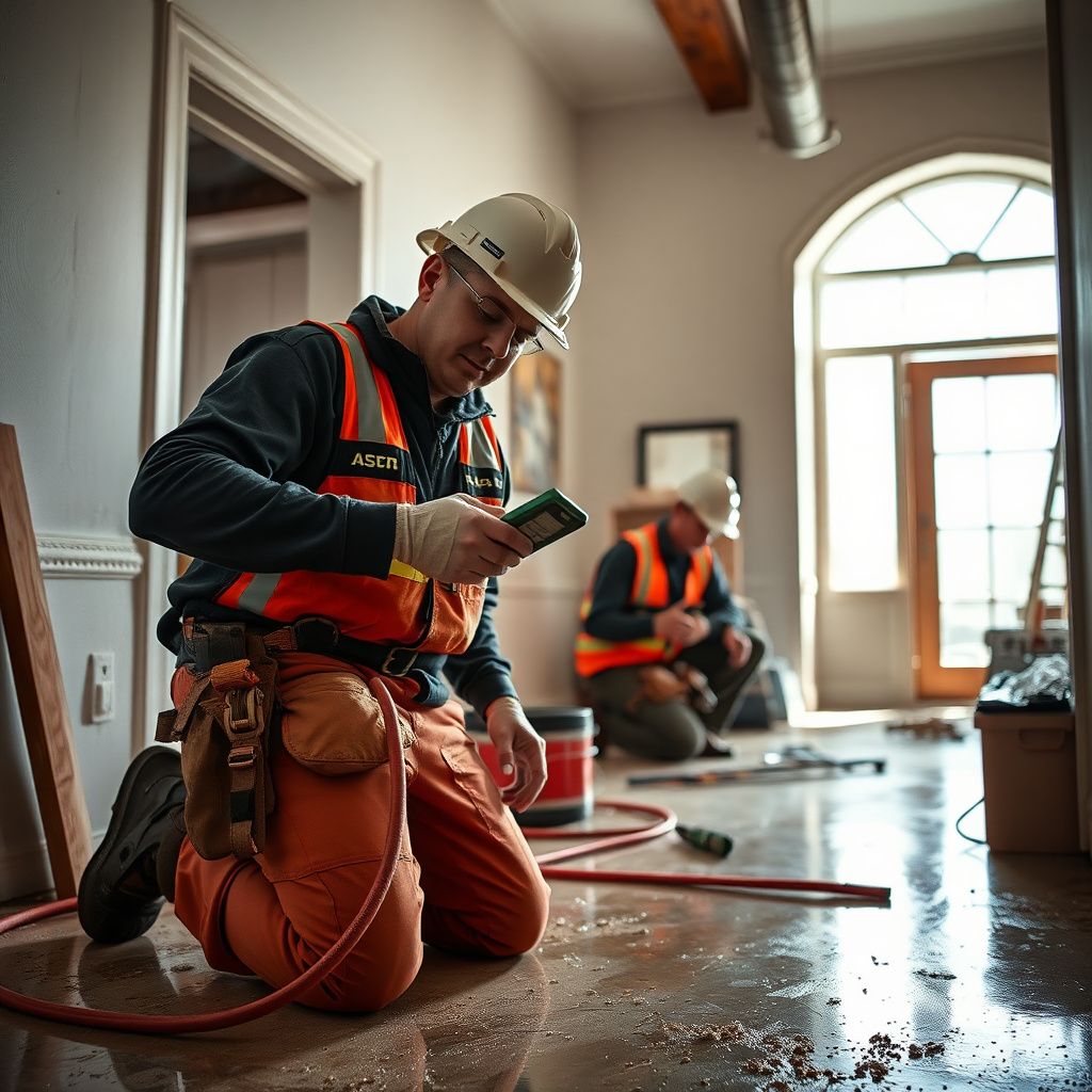 A technician using a thermal imaging camera to detect hidden moisture behind a drywall in a Salt Lake City home.