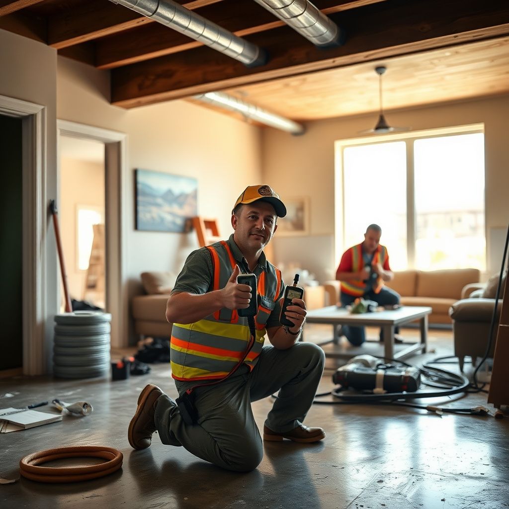 A restoration technician in a uniform explaining a drying plan to a homeowner in a Magna living room.